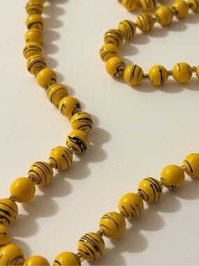 Vintage Chunky Yellow Necklace hand painted black splatter wooden beads